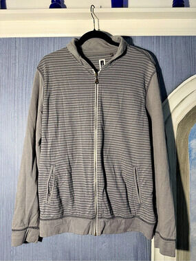 Howe Men’s XL Full-Zip Striped Sweatshirt Jacket Grey Blue Fine Stripe Casual